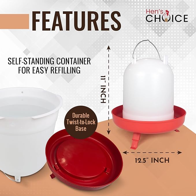 Hen's Choice 8L/2.1 gal Chicken Waterer, Adjustable Legs (Red)