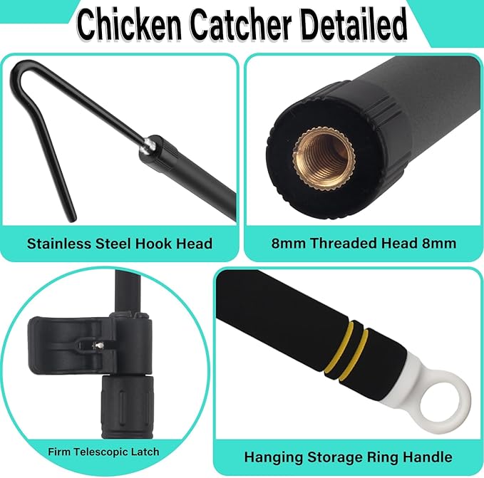 Chicken Catching Net Telescopic,36 to 63 in Chicken Catcher Leg Hook Grabber Tool with Extension Pole Long Handle Animal Catcher Pole Heavy Duty Metal Tube Poultry Hook Fowl Catcher Sturdy
