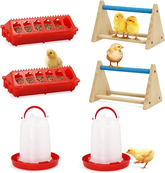 6 in 1 Chick Feeder and Waterer Kit with Wooden Perch,Baby Poultry Starter Set Includes 1.5L Chick Waterer Chicks Feeder Chick Perch for Small Poultry Chicks Ducks Quail Pigeons Birds
