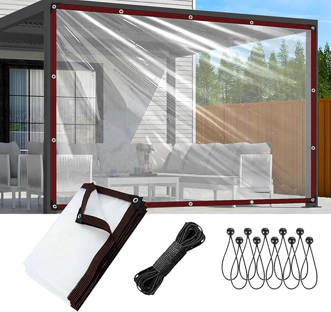 15x15 FT Clear tarp Waterproof Heavy Duty,Plastic Tarp Edge Heat Fused Rope+Tie-Downs, with Outdoor Patio Enclosure Chicken Coop Cover Waterproof Transparent Tarpaulin, for Porch Greenhouse Plant