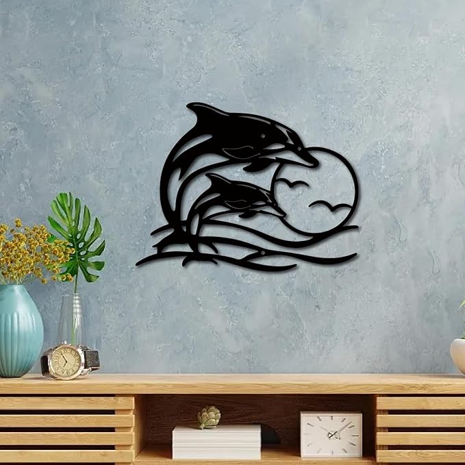 CREATCABIN Dolphin Sunset Metal Wall Art Coastal Seagull Black Iron Wall Silhouette Decor Modern Abstract Hanging Sculpture Ornament Art Plaque for Hotel Bedroom Housewarming Gifts 11.8 x 9 inch