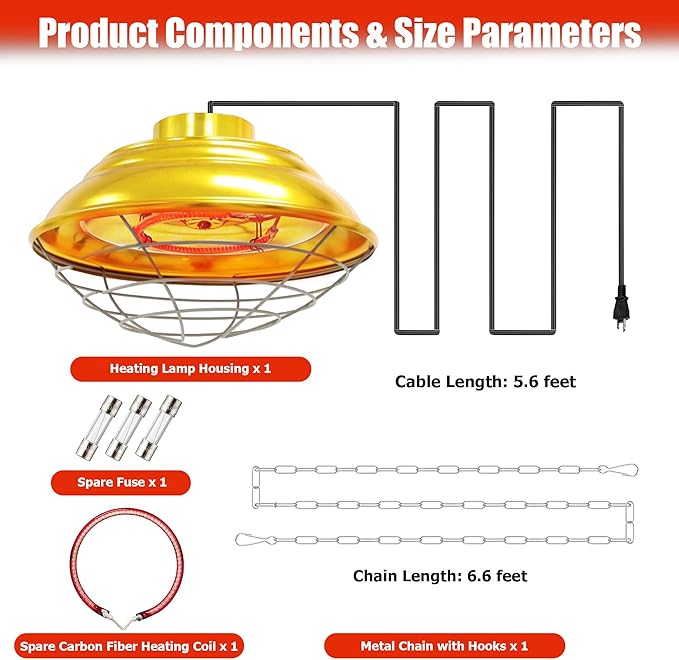 Heat Lamp for Chickens,300W-600W Dual-Temperature Chicken Coop Heater,Carbon Fiber Heating Element,Aluminum Alloy Shade & 6.6' Hanging Chain for Winter Poultry Warmth