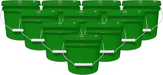 1-Gallon Bucket with Airtight Lid – Made in USA, Food Grade BPA Free Plastic, Heavy Duty Multi-Use, Metal Handle with Grip, Stackable Storage – Green, 10 Pack