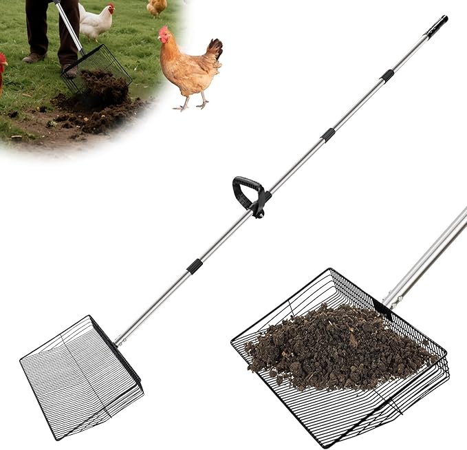 HitTopss Metal Chicken Poop Scooper, Large Chicken Coop Scoop with 38" to 77" Adjustable Stainless Steel Handle, Litter Sifting Shovel Chicken Coop Scooper for Sand, Pet, Chicken, Cat (15 inch)