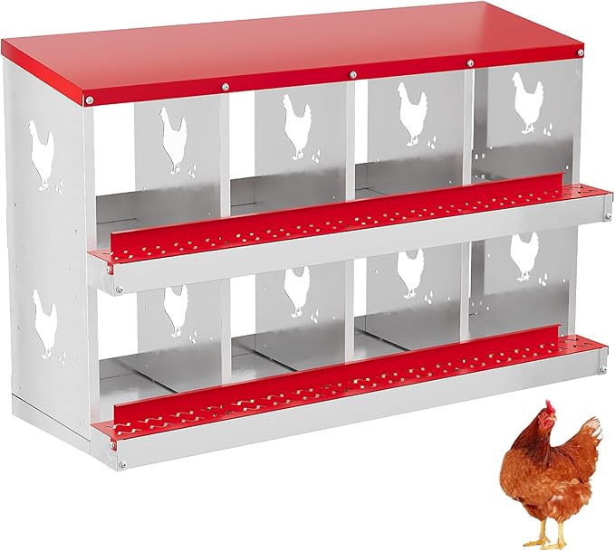 Metal Nesting Boxes for Chickens - 8 Compartments Chicken Roosting Boxes, Chicken Coop Nest Box with Perch & Lid - Versatile Wall Mount or Free Standing for Backyard Flocks, Homesteads, Farms