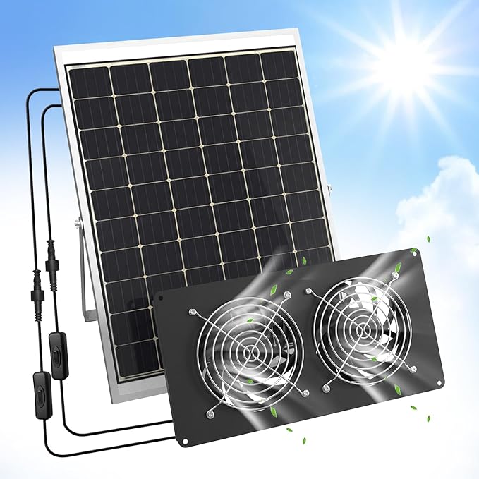 25W Solar Powered Dual Metal Shell Fan Kit, IPX7 Waterproof Monocrystalline Solar Panel Intake Exhaust Fans for Chicken Coops, Greenhouses, Sheds, Dog Houses, and Windows Ventilation and Plug & Play