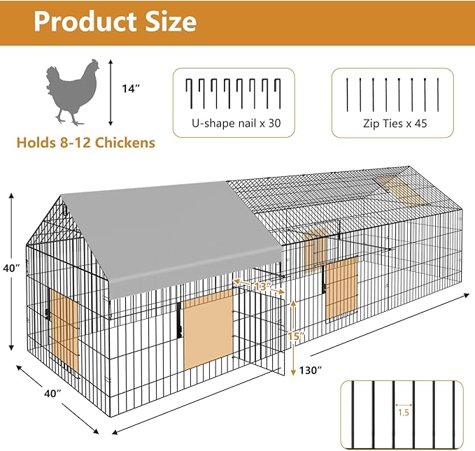Chicken Coop 130"x40"x40" Metal Portable Black Duck Coops Enclosure with Waterproof Cover Chickens Cage Runs for Yard Outdoor Backyard Duck Pen Chicken Tractor for Rabbit, Dog, Cat