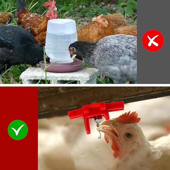 12Pcs Chicken Nipple Waterer Kit,Chicken Feeder and Waterer Set,Automatic Poultry Nipple Waterer Set for Bucket Chickens Feeders,Red Poultry Watering Saving System for Outdoor Chickens Coop
