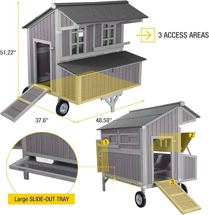 Aivituvin Chicken Coop Upgrade Durable Outdoor Chicken House with Large Wheels, Nesting Box, Leakproof Pull-on Tray and UV-Resistant Roof Panel (Light Grey)