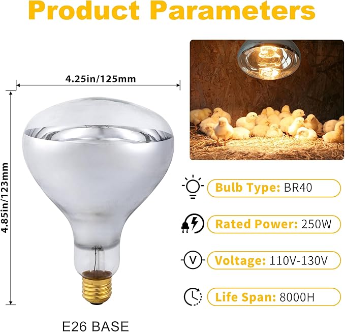250 Watt Heat Lamp Bulbs, Clear Incandescent Heating Outdoor Light Bulb for Bathroom, Chickens, Chicks, Ceiling, Reptile, Food, Plants, Medium E26 Base - 2 Pack