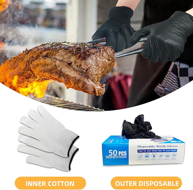 GEEKHOM BBQ Gloves Disposable Nitrile & Cotton: 50-Piece Heat Resistant Set with Liner for Cooking, Grilling & Meat Handling