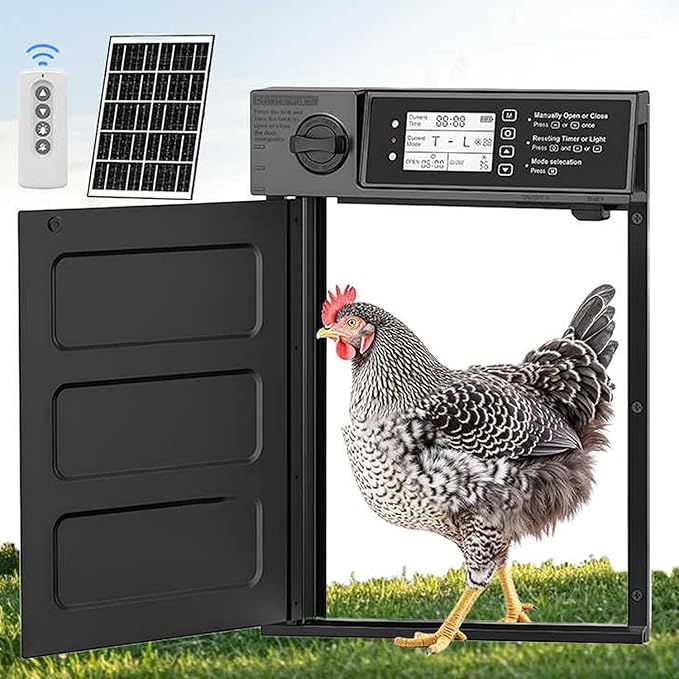 Automatic Chicken Coop Door Solar Powered with Timer, Light Sensor, Remote Control, LCD Display, Aluminum Alloy, Automatic Chicken Coop Door Chicken House Door Anti-Pinch Weatherproof