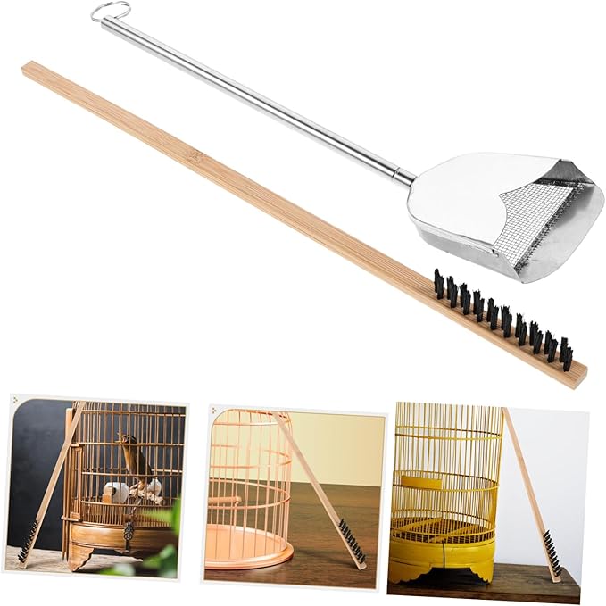 POPETPOP 2pcs Birdcage Cleaning Tools Set Brush and Shovel for Removal Sturdy Stainless Steel for Daily Deep Cleaning
