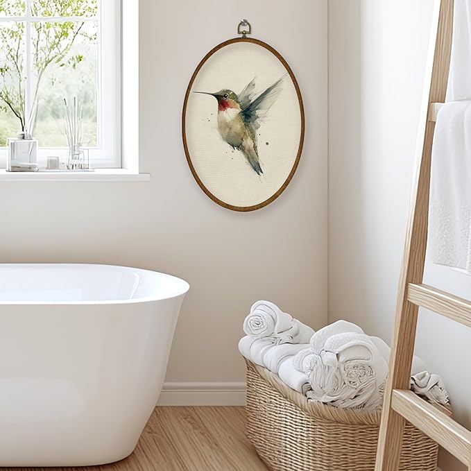 WULQYING Vintage Hummingbird Wall Art Decor, Rustic Farmhouse Bird Oval Framed Canvas Art Prints, Neutral Cottagecore Hummingbird Bird Wall Hanging Decor for Home Bedroom Living Room, 8.6x11.4 Inches