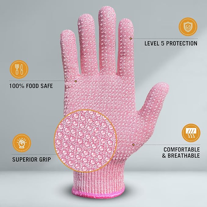Evridwear Cutting Gloves Level 5 Cut Resistant, Food Safe Gloves with Non-Slip Grip for Kitchen, Meat Cutting & Mandoline Use, 2 Pairs (S, Pink+Gray)