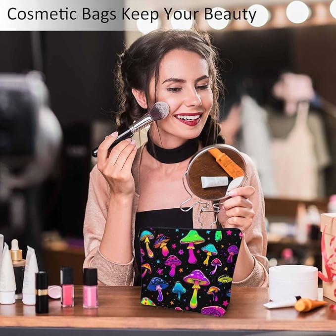 Mushroom Makeup Organizer Bag Cosmetic Bag For Men Women, Magic Galaxy Space Mushrooms Rainbow Travel Toiletry Bag Flax Makeup Bags Purse Business Makeup Pouch For Toiletries Cosmetics