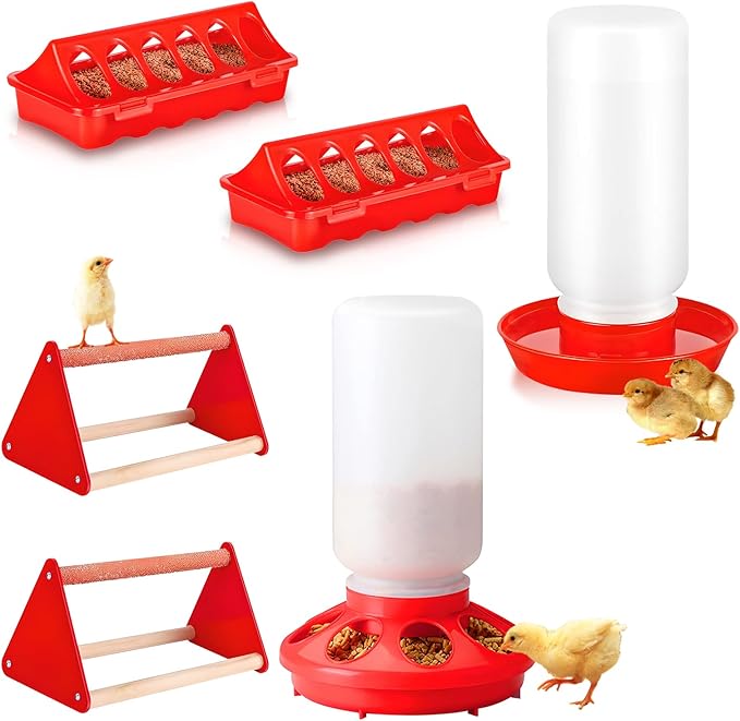 6 Pack Chick Feeder and Waterer Set - Chick Starter Kit with Mini Perch, Automatic Chicken Waterer & Feeder for Ducks/Quail, Coop Brooder Supplies for Small Poultry