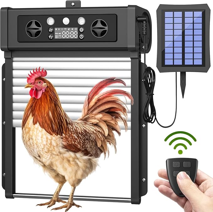Automatic Chicken Coop Door Solar Powered,LCD Display Chicken Door with Light Sensor& Timer,4 Modes Auto Chicken Door Solar,Anti-Pinch & Weather Proof Coop Door with Remote Control