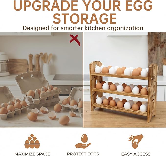 Wooden Egg Holder, 3 Tier 36 Egg Capacity, Farmhouse Egg Holder for Countertop, Stackable Egg Storage Rack for Fresh Eggs, Rustic Wooden Egg Organizer with Handles for Kitchen Counter