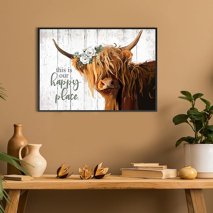 Highland Cow Decor Wall Art, Floral Farmhouse Cow Rustic Wall Decor, This is Our Happy Place Inspirational, Country Cattle Framed Painting for Living Room, Bedroom, Kitchen,Bathroom(10x14.5'')