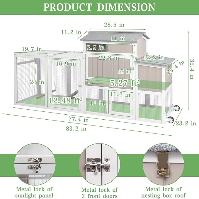 Chicken Coop Mobile Wooden Hen House with Nesting Box,83.2" L Outdoor Chicken House with 2 Wheels and Removable Tray,Fir Wood Chicken Tractor with 6 Ventilation Door and 1 Ramp,Grey