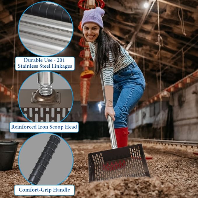 Heavy Duty Chicken Coop Rake and Scoop, 15 Inch Extra Large Chicken Coop Rake with Adjustable Stainless Steel Handle (25 to 73 Inch)，Metal Multi-Use Cleaning Shovel for Coops, Beach（Brown）