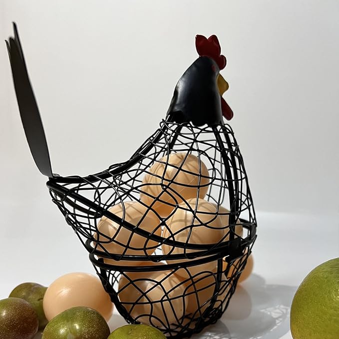 Wire Chicken Egg Basket for Desktop Decorative Ornaments,Egg Holder Chicken Shape Metal Egg Basket for Kids Gathering Fresh Eggs Farmhouse Rooster Wire Basket for Kitchen Countertop Decoration (Black)