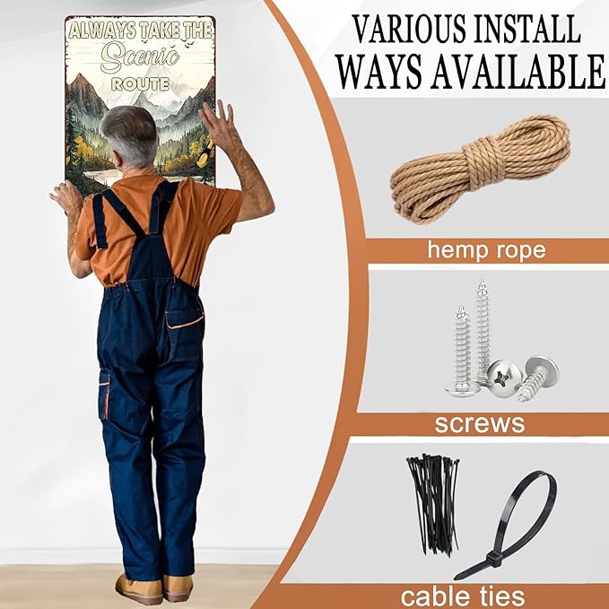 Camping Metal Tin Sign Always Take the Scenic Route Vintage Sign for Home Camper Cafes Bars Pubs Shop Wall Decorative for Men Women 12X16Inch