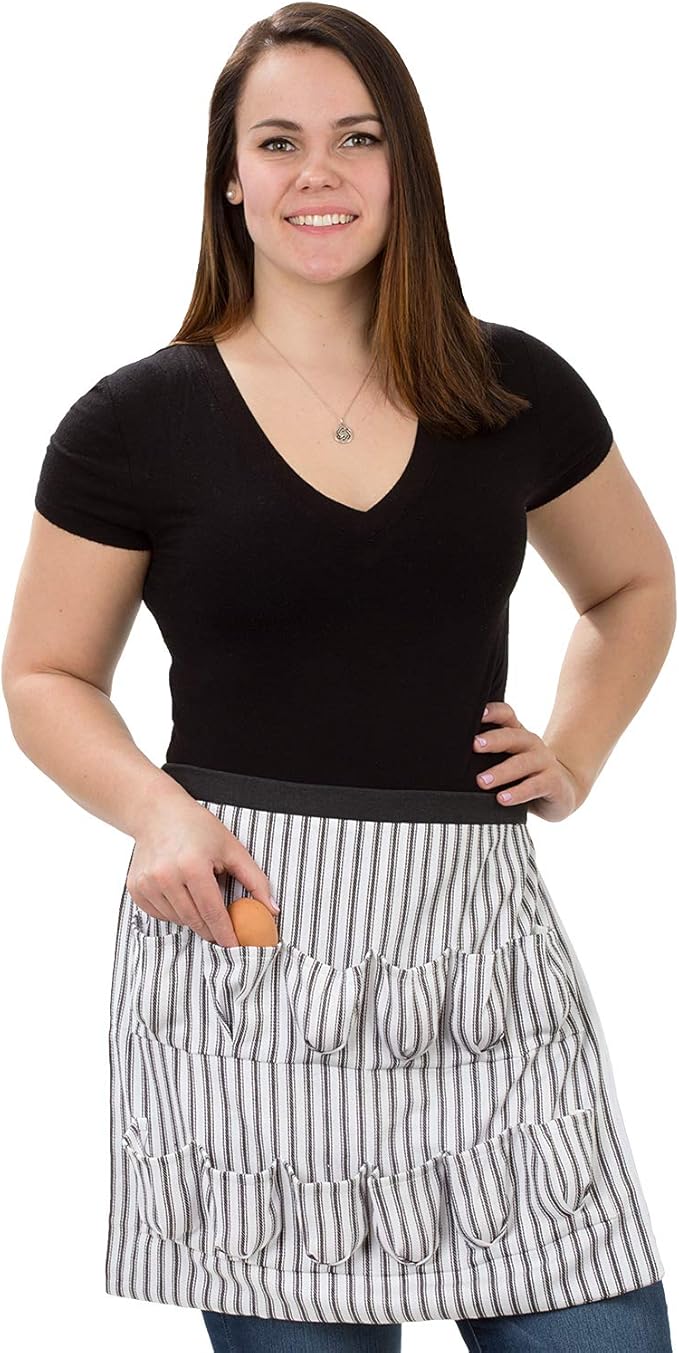 Cackleberry Home Egg Collecting & Gathering Apron 12 Pockets, Black and White Ticking Stripe