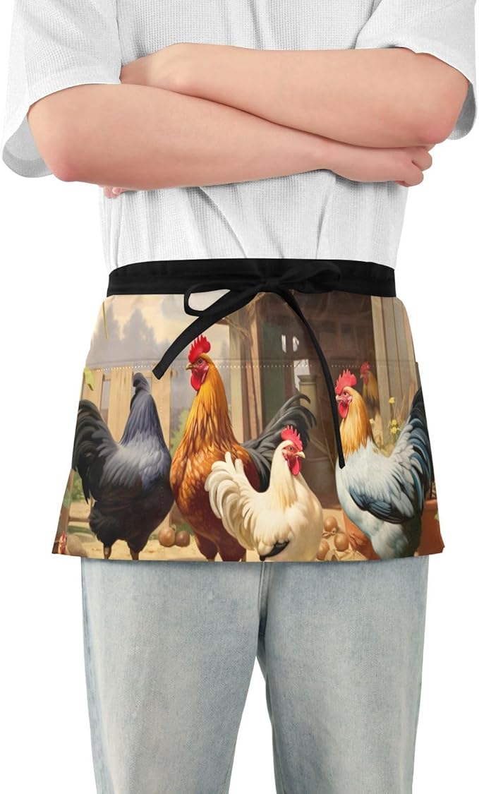 Farm Chicken House 3-Pocket Server Apron Professional Waist Apron for Waitress, Bartender & Restaurants, Water-Resistant Half Apron for Men Women