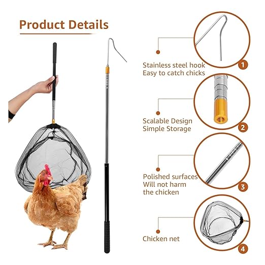 Stainless Steel Retractable Chicken Catcher Tool with Hook & Net, 16-60 Inch Adjustable Poultry Catcher for Chickens Ducks Turkeys Geese