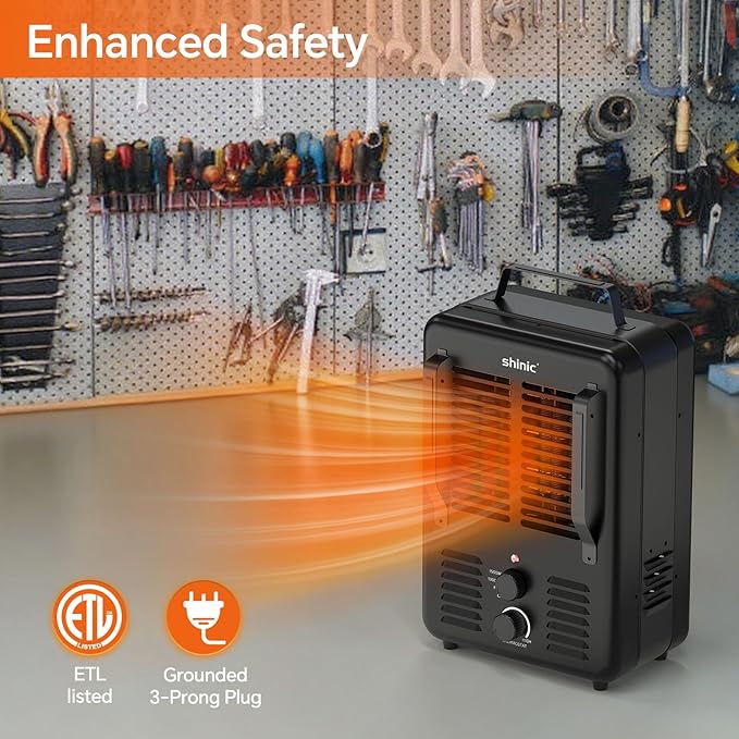 Shinic 1500W Milkhouse Heater, Milkhouse Utility Heater with Adjustable Thermostat, Tip-Over & Overheat Protection, ETL Listed for Garage, Farm, Workshop, Black