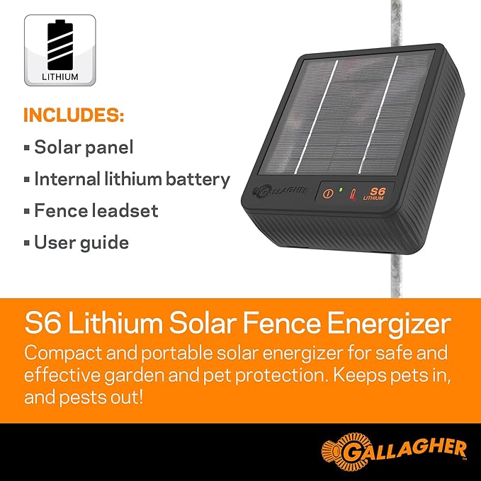 Gallagher S6 Solar Electric Fence Charger | Solar Fence Energizer for Gardens, Chickens, Goats, and Pets | Solar-Powered Fence Charger with Lithium Battery | Mounts Directly to Grounding Rod