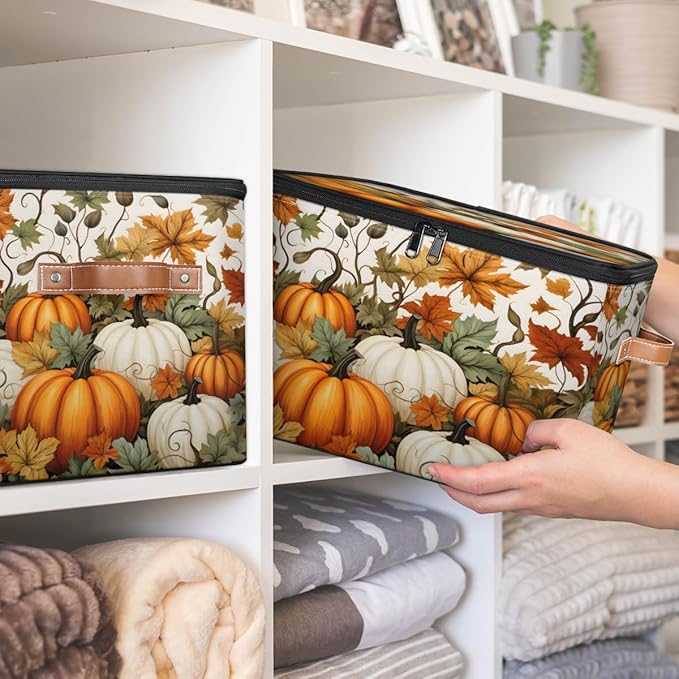 Fall Pumpkin Storage Bins with Lids, Maple Leaf Fabric Storage Boxes with Zipper, Collapsible Decorative Closet Organizer Cube for Clothes,Organizing, Shelves
