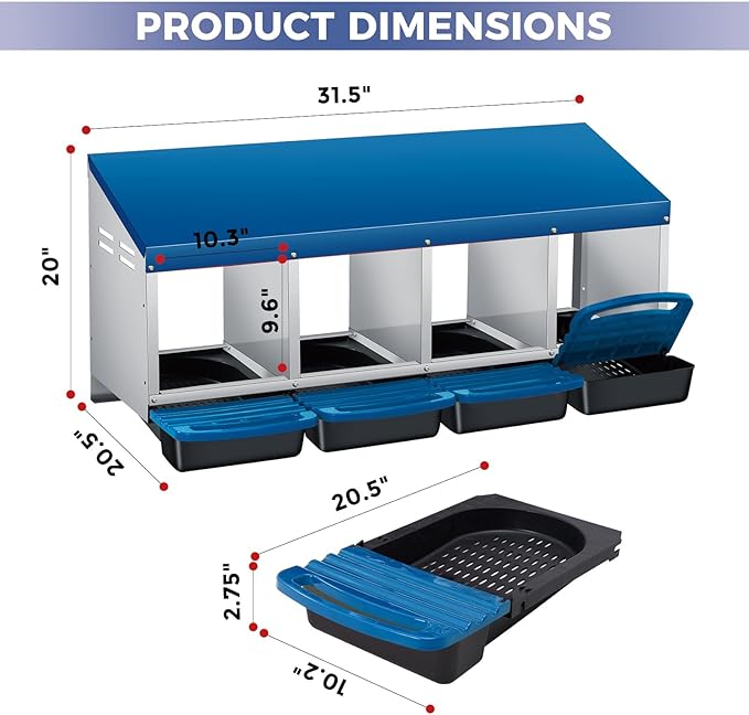 4 Compartment Metal Chicken Nesting Box, Automatic Roll-Out Egg Collection, Waterproof Galvanized Steel Laying Box with Perch & Wall Mount, for Hens Ducks Rabbits