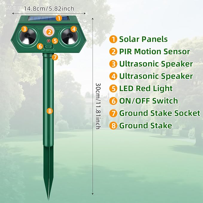 2026 IP65 Deer Repellent Devices Racoon Squirrel Sonic Fortress Pro, Solar Ultrasonic Animal Repeller Outdoor Cat Deterrent with Motion Sensor to Scare Rabbit Skunk Dog Out of Garden Farm(4Pack)