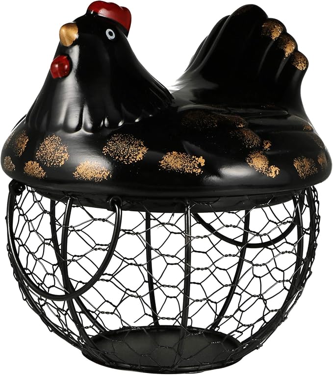 Cabilock Metal Wire Egg Basket Egg Holder Organizer Case with Ceramic Farm Chicken Top Container for Easter Party Gathering Fresh Eggs Storing Fruit Snack