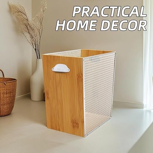 3 Gallon Bamboo-Wooden Trash Can - Rustic Office Waste Paper Basket - Decorative Garbage Bin for Bedroom, Bathroom, Kitchen, Living Room