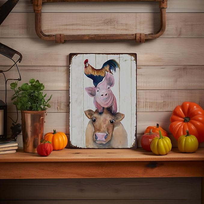 Rustic Farm Animals Metal Sign Chicken Pig Cow Vintage Style Wall Decor for Farmhouse 12x8 Inches