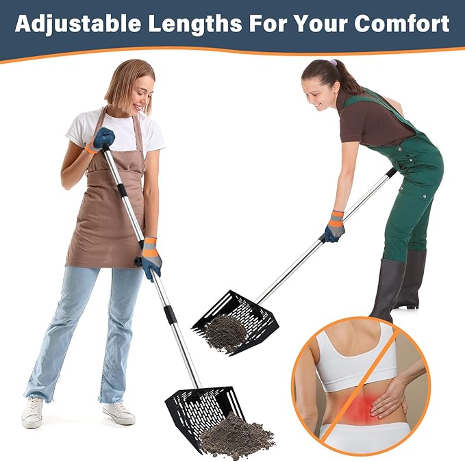 Chicken Poop Scooper, 10 Inch 2 in 1 Stainless Steel Sand Sifting Shovel & Rake with 35" to 62" Adjustable Length, Durable Litter Cleaner with Detachable Handle for Chicken Coop Farm Animal(Black)