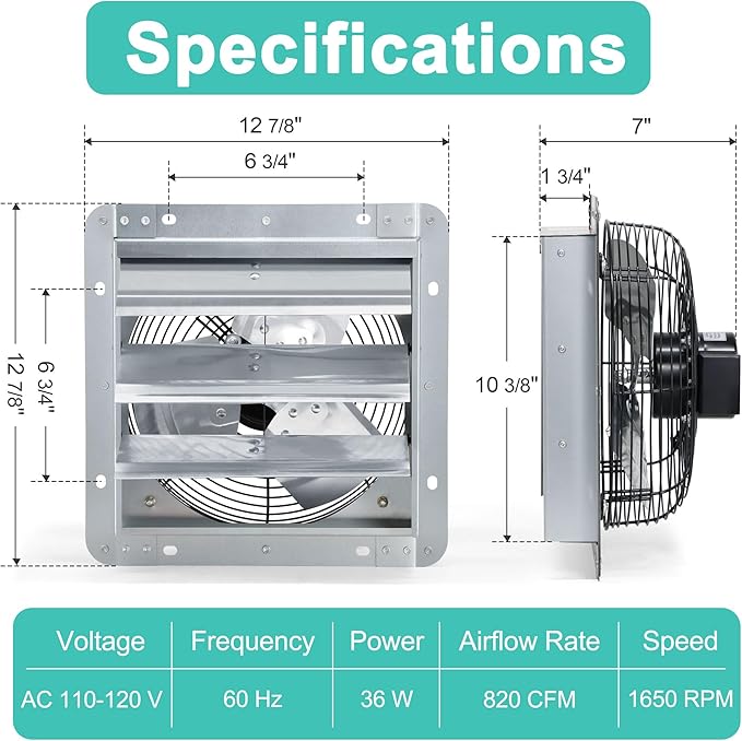 10 Inch Shutter Exhaust Fan, Wall Mount Attic Fan with Thermostat and Speed Controller for Greenhouses, Sheds, Garages, Chicken Coops, Barns Ventilation, 820 CFM