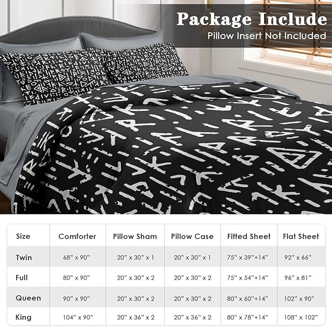 Comforter Set Twin Size, Gothic Viking Black 5 Pcs Bedding for Kids and Adults, Geometric Medieval Norse Bed Sheet Sets with Fitted Sheet Pillowcase & Sham for Bedroom Bed Decor