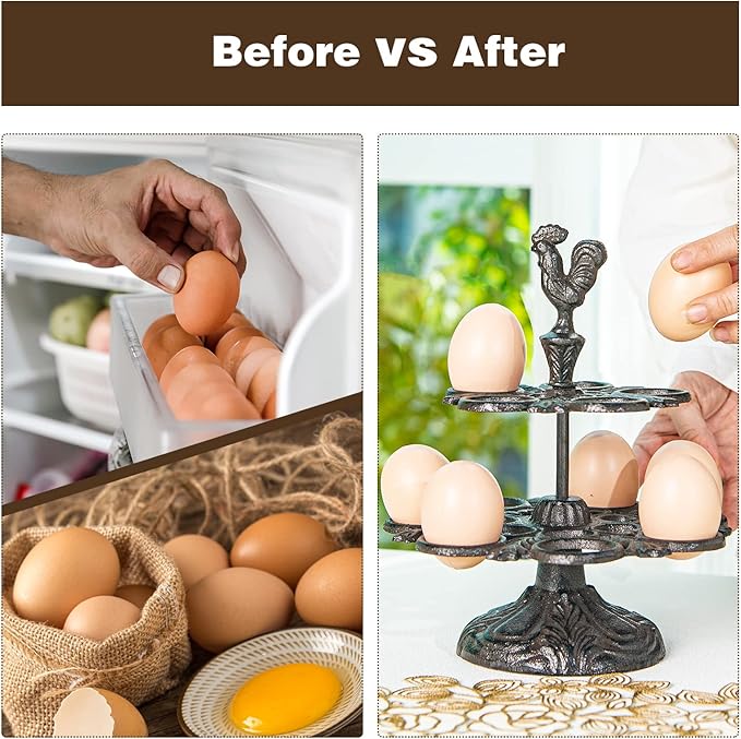 Sungmor Heavy Duty Cast Iron Eggs Holder Countertop Decor - Kitchen & Dining Room Organization Egg Stroage Display Rack - Vintage Dark Brown Color & Rooster Shaped Design - 12 Eggs Holding Capacity