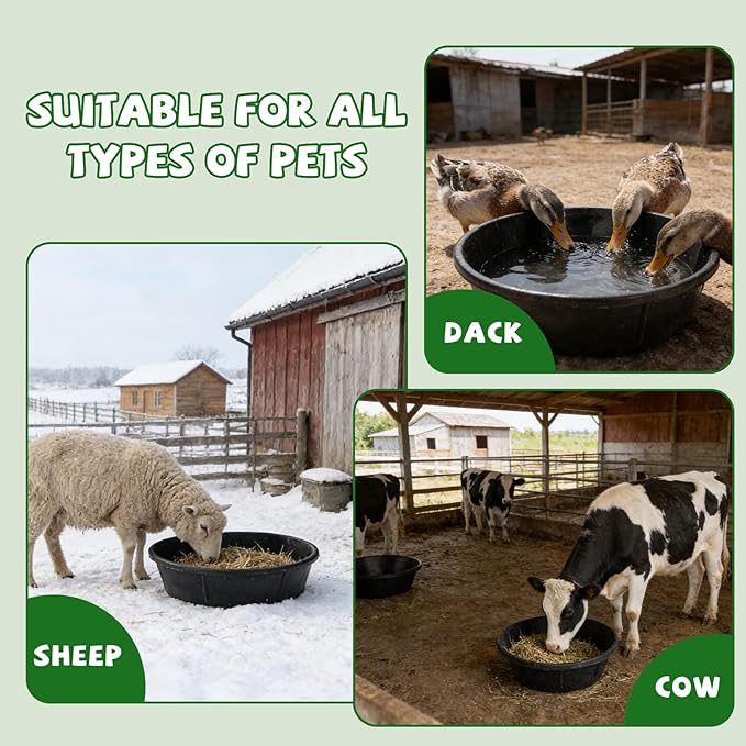 4 Pcs Rubber Feed Pan 3 Gallon and 2 Gallon Horse Feed Bucket Utility Feed Bucket Rubber Bowl Chicken Dust Bath Livestock Water Bowl for Pig Goat Chicken Dogs Farm Small Animal