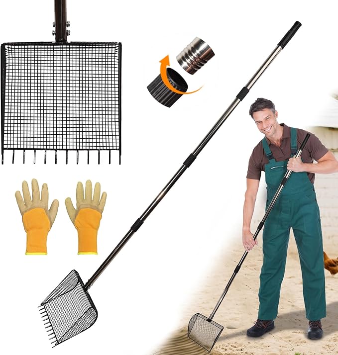 Chicken Poop Scooper & Rake 2-in-1 Metal Coop Shovel,Adjustable Stainless Steel Handle,Cleaning Tools for Chicken Coops & Farm Animals Scoop for Litter Scooper Sand Sifting Shovel Chicken Coops