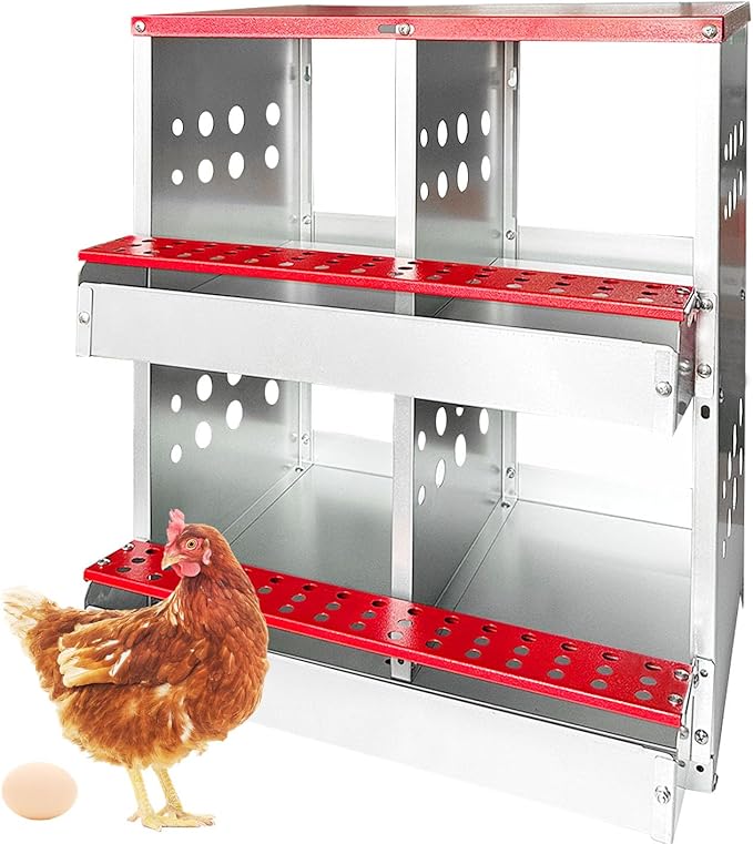 Chicken Nesting Boxes,4 Compartments Metal Chicken Laying Box with Roll Out Egg Collection with Large Vented Holes for Chickens, Hens, Ducks, Large Egg Laying Boxes (4 Compartments)