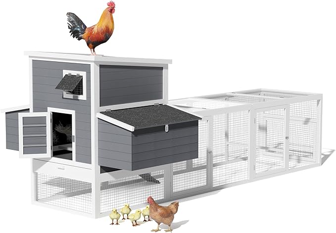 117'' Large Chicken Coop for 4-8 Chickens, Wooden Hen House with Run & 4 Nesting Boxes, Outdoor Poultry Cage Rabbit Cage Duck House with Ramps & Tray, 116.5''L*59''W*46.6''H