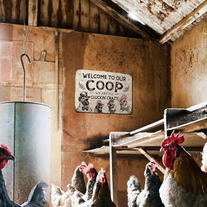 Heuhuww Funny Chicken Coop Sign Chicken Decor-Welcome To Our Coop Vintage Rooster Decor for Farm Fence Home 12" x 8"(H9)