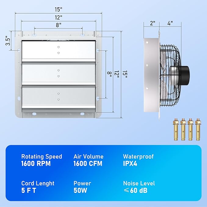 12 Inch Shutter Exhaust Fan, High-Speed 1600CFM Low Noise Attic Fan, Automatic Shutter, Ventilation and Cooling Vent Fan for Greenhouses, Garages, Shop, Chicken Coops, Gable, Shed