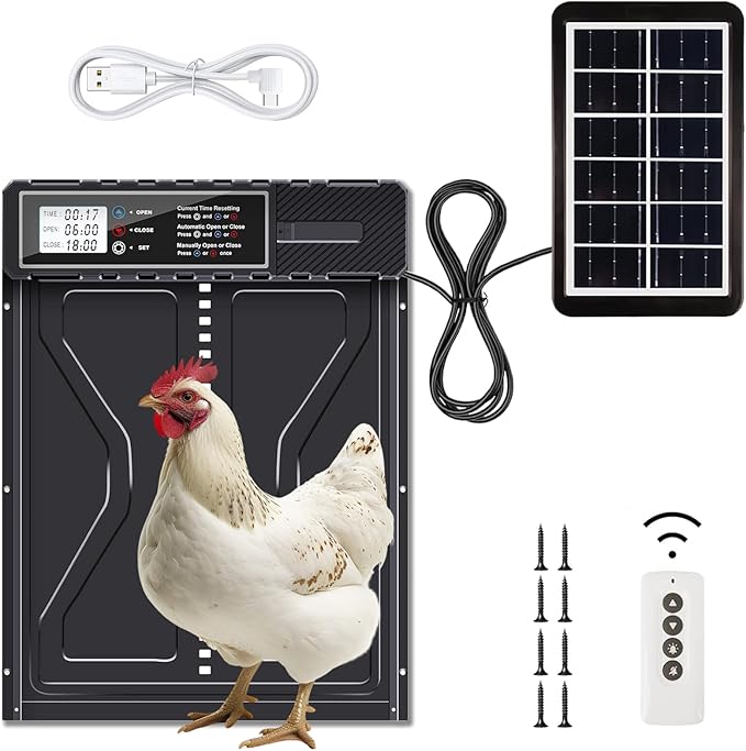 Solar Powered Chicken Coop Door with Remote & LCD Timer – Battery-Free Auto Open/Close, Weatherproof Aluminum Hen House Door, Easy Install, Predator-Proof Motorized Coop Door